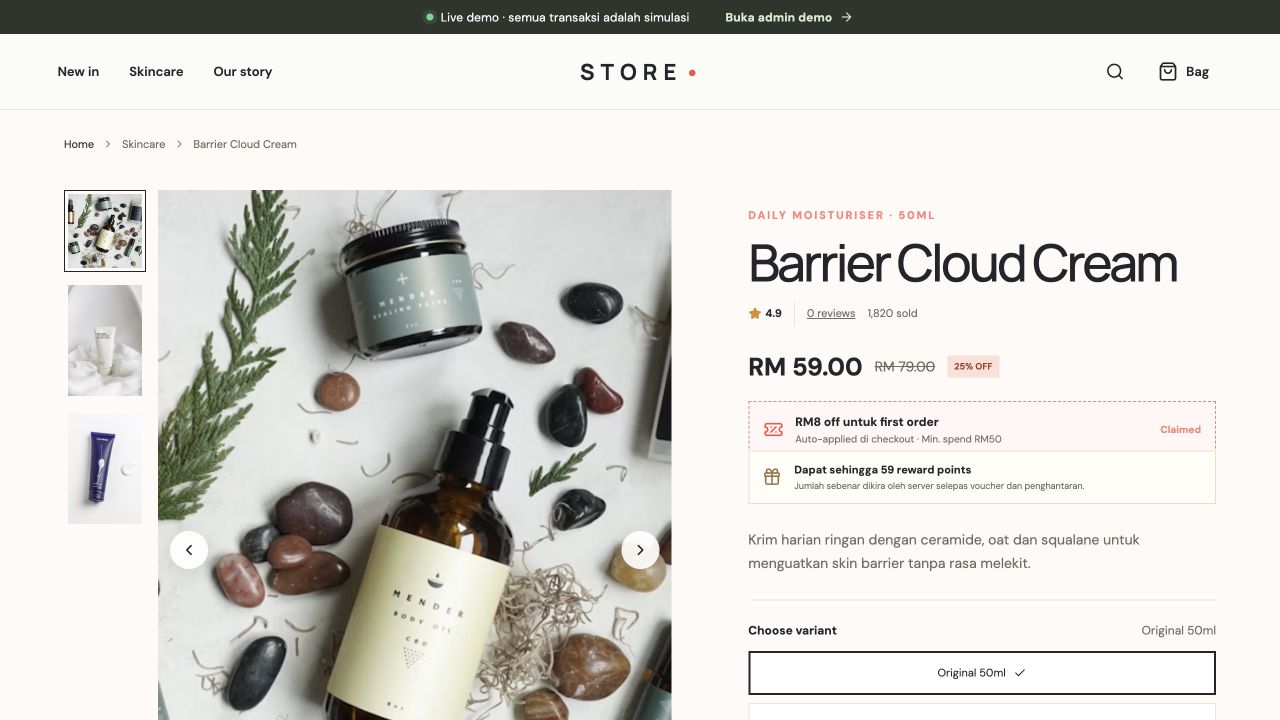 Halaman produk SempoiCart dengan galeri, harga, voucher dan pilihan variasi